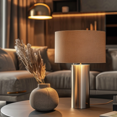 Stylowa lampa stołowa Azzardo z cylindrycznym metalowym korpusem i brązowym abażurem, stojąca na eleganckim stoliku w nowoczesnym salonie z przytulnym wystrojem, obok dekoracyjnej wazy z suszonymi trawami, idealna do współczesnych wnętrz