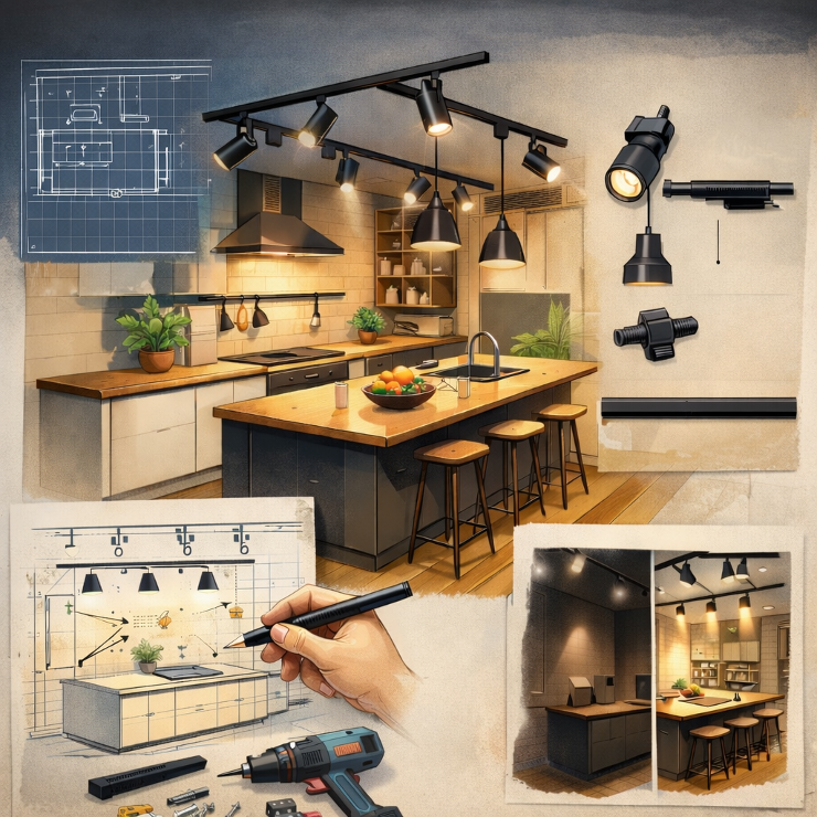 Oświetlenie szynowe: plan kuchni z wyspą – case study z rysunkami i listą elementów