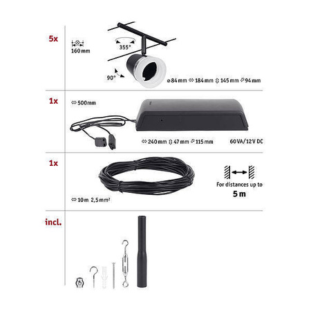 System linkowy DC zest Cone max5x10W Cz mat/Chrom GU5,3 12V DC 60VA twszt/met (PL94463) - Paulmann