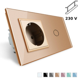Gniazdo 230V 16A z włącznikiem krzyżowo-schodowym pojedynczym z ramką szklaną złotą (VL-C701SEU-63) LIVOLO