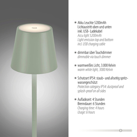 Przenośna LAMPA STOŁOWA USB EURIA ZIELONA (19250-43) - Paul Neuhaus