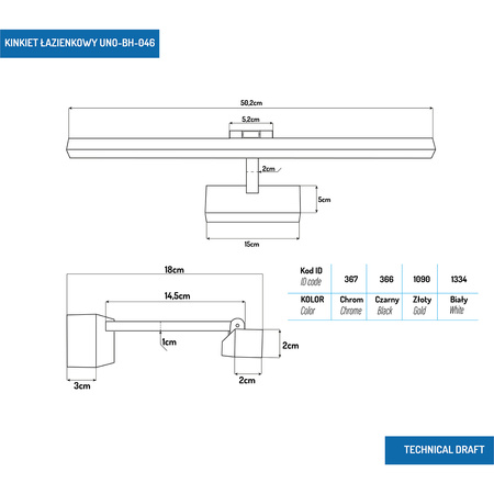 Kinkiet LED łazienkowy 50cm 12W złoty 4000K UNO-BH-046 IP44 - DomenoLED