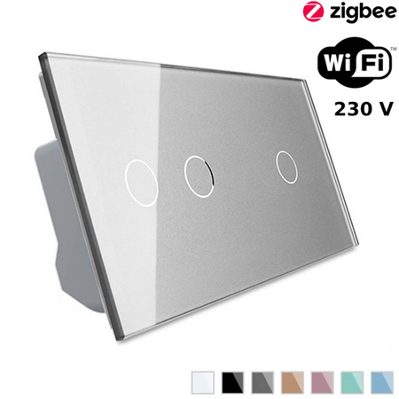 Włącznik dotykowy podwójny + pojedynczy EC Wi-Fi i Podwójny panel szklany w kolorze srebrnym (VL-C7012EC-64) LIVOLO