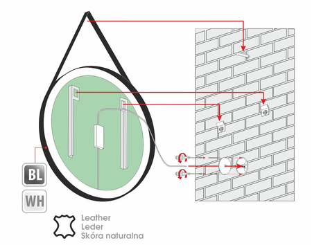 Lustro okrągłe TEXAS w ramie z oświetleniem LED na skórzanym pasku - MCJ
