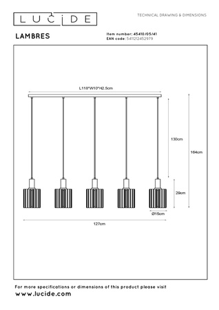 Lampa wisząca nad stół LAMBRES (45410/05/41) - Lucide