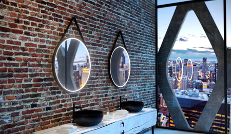 Lustro okrągłe TEXAS w ramie z oświetleniem LED na skórzanym pasku - MCJ