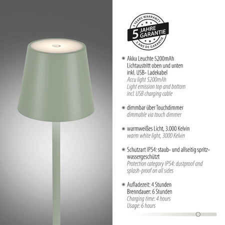 Przenośna LAMPA STOŁOWA USB EURIA ZIELONA (19250-43) - Paul Neuhaus