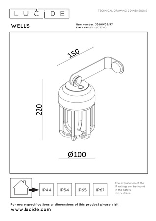 Ściemnialna latarenka ogrodowa z uchwytem WELLS (33809/05/97) - Lucide