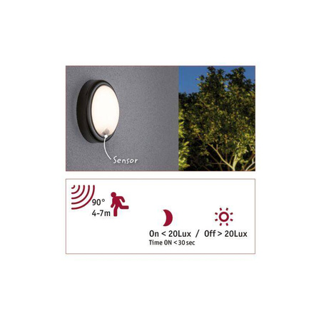 Oprawa elewacyjna IKOSEA LED 4.4W 350lm czujnik ruchu 3000K 230V antracyt / tworzywo sztuczne (PL94187) - PAULMANN