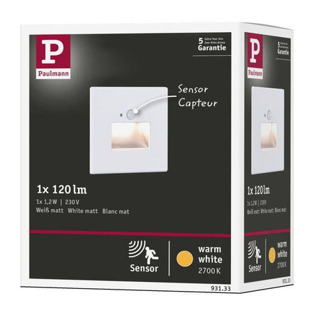 Oprawa przyschodowa EDGE LED czujnik ruchu i zmierzchu kwadrat 1x1,2W 120lm 2700K 230V biały  / tworzywo sztuczne (PL93133) - PAULMANN