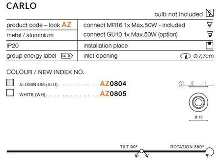 Lampa wpuszczana CARLO aluminium (AZ0804 | GM2102-ALU) - AZZARDO