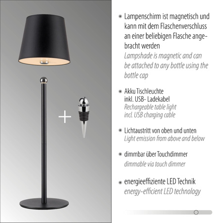 Przenośna, ładowana lampa stołowa BOTERIA CZARNY (19251-18) - Paul Neuhaus