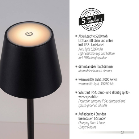 Przenośna LAMPA STOŁOWA USB EURIA CZARNA (19250-18) - Paul Neuhaus