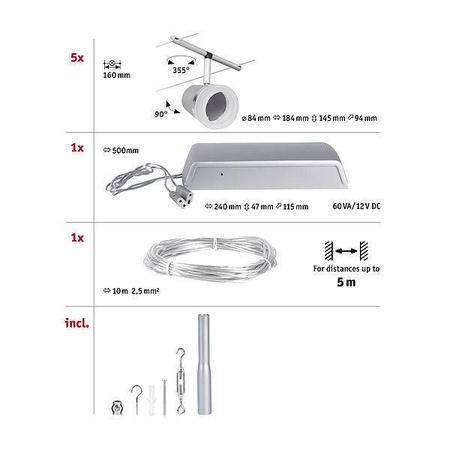 System linkowy DC zest Cone max5x10W Chrom mat/Chrom GU5,3 12V DC 60VA twszt/met (PL94459) - Paulmann