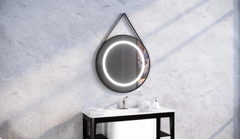 Lustro okrągłe STILO w ramie z oświetleniem LED na skórzanym pasku - MCJ