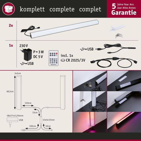 Listwa LED RGB zestaw 2x60cm DYNAMIC RAINBOW RGB z pilotem 2x1W 230 / 5V DC (PL78879) - PAULMANN