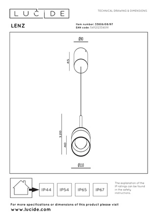 Ogrodowa lampa wisząca LENZ (33806/08/97) - Lucide