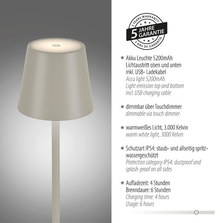 Przenośna LAMPA STOŁOWA USB EURIA SZARA (19250-40) - Paul Neuhaus