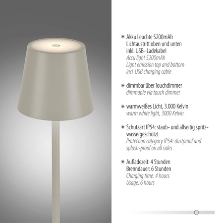 Przenośna LAMPA STOŁOWA USB EURIA SZARA (19250-40) - Paul Neuhaus