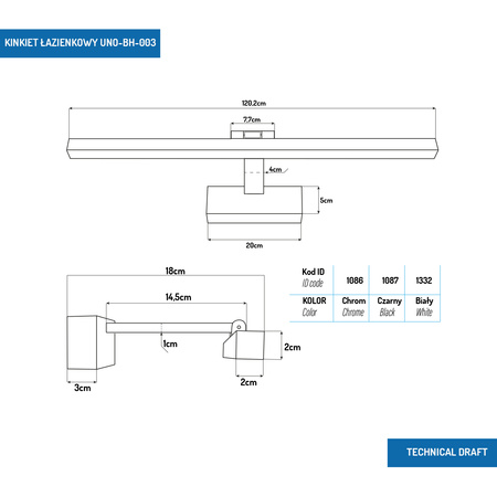 Kinkiet LED łazienkowy120cm 22W czarny 4000K UNO-BH-003 IP44 - DomenoLED