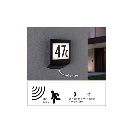 Oprawa elewacyjna PADEA LED 8.5W 550lm 3000K PIR+ zmierzchu IP44 230V antracyt / tworzywo sztuczne (PL94512) - PAULMANN