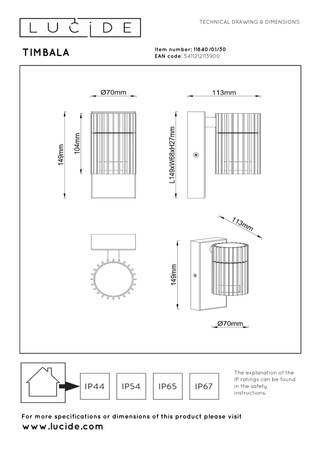 Kinkiet zewnętrzny na elewację TIMBALA (11840/01/30) - Lucide