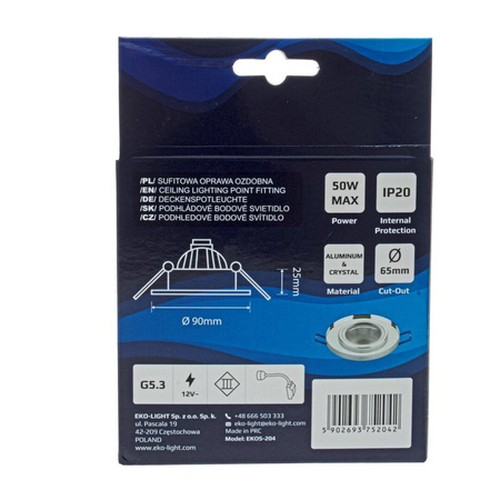 Oczko sufitowe szklane OKRĄGŁE. Kolor: SREBRNY (EKOS204) - Eko-Light