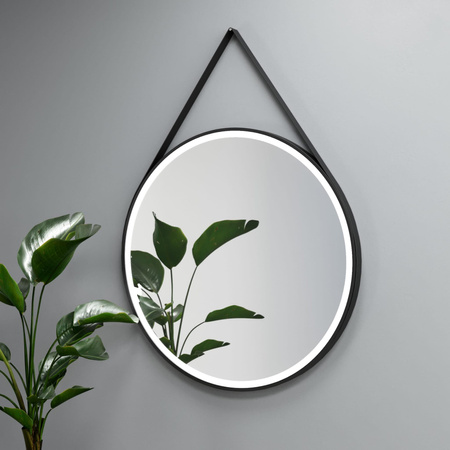 Lustro okrągłe TEXAS w ramie z oświetleniem LED na skórzanym pasku - MCJ