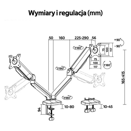 Podwójny uchwyt do mocowania monitora, z funkcją full motion, z gazową sprężyną M2 Pro (LV0664) - LVN SYSTEM