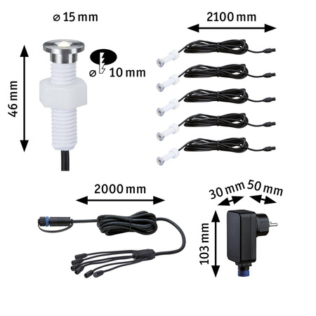 Oprawa do wbudowana Plug & Shine MicroPen II zestaw kompletny 5x0,2W 3000K IP67 24V zestaw dodatkowy srebrny / stal (PL93695) - PAULMANN