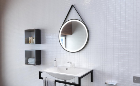 Lustro okrągłe TEXAS w ramie z oświetleniem LED na skórzanym pasku - MCJ