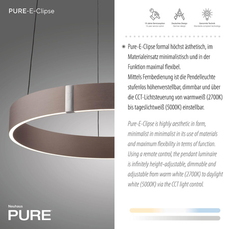 Lampa wisząca z płynną regulacją wysokości PURE E-CLIPSE METALICZNY BRĄZ (2560-34) - Paul Neuhaus