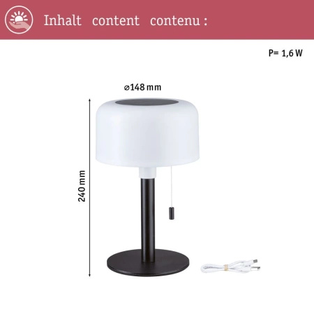 Lampka stołowa solarna BARTJA LED 3-STEP DIM USB-C 1.6W 160lm 2700K IP44 czarny / tworzywo sztuczne (PL94607) - PAULMANN