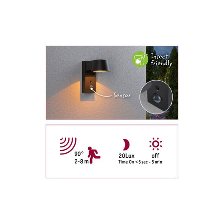 Oprawa elewacyjna CAPEA LED 6W 450lm 2200-3000K czujnik ruchu+zmierzchu IP44 230V antracyt aluminium (PL94714) - PAULMANN
