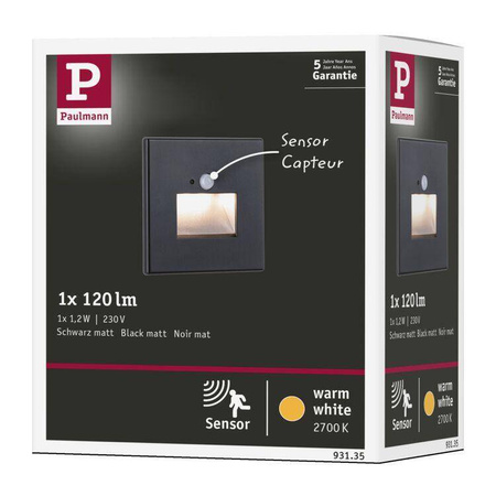 Oprawa przyschodowa EDGE LED czujnik ruchu i zmierzchu kwadrat 1x1,2W 120lm 2700K 230V czarny matowy / tworzywo sztuczne (PL93135) - PAULMANN