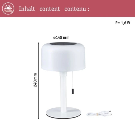 Lampka stołowa solarna BARTJA LED 3-STEP DIM USB-C 1.6W 160lm 2700K IP44 biały / tworzywo sztuczne (PL94606) - PAULMANN