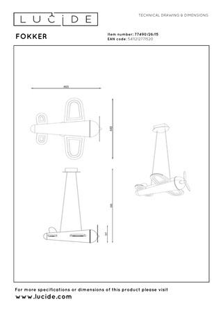 Lampa wisząca do pokoju dziecka FOKKER (77490/26/15) - Lucide