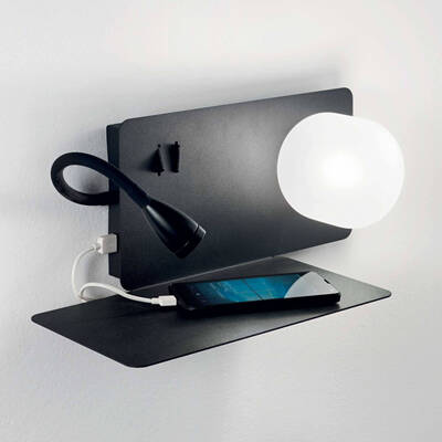 Kinkiet z półką i ładowaniem USB BOOK Czarny (BOOK-1_AP_NERO) - Ideal Lux