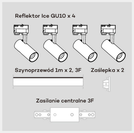 2x Szynoprzewód 1 m, zasilanie centralne, 2x zaślepka, 4x reflektor czarny Ice SET 3F (LP-732 4W BK SET) - Light Prestige