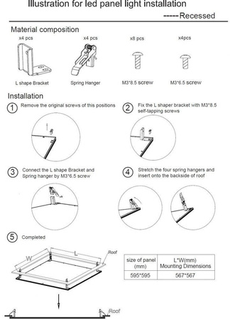 Mistic Lighting zestaw montażowy Spring Kits 4 do panelu LED 60x60 do montażu podtynkowego (uchwyt do GK) MSTC-05411940